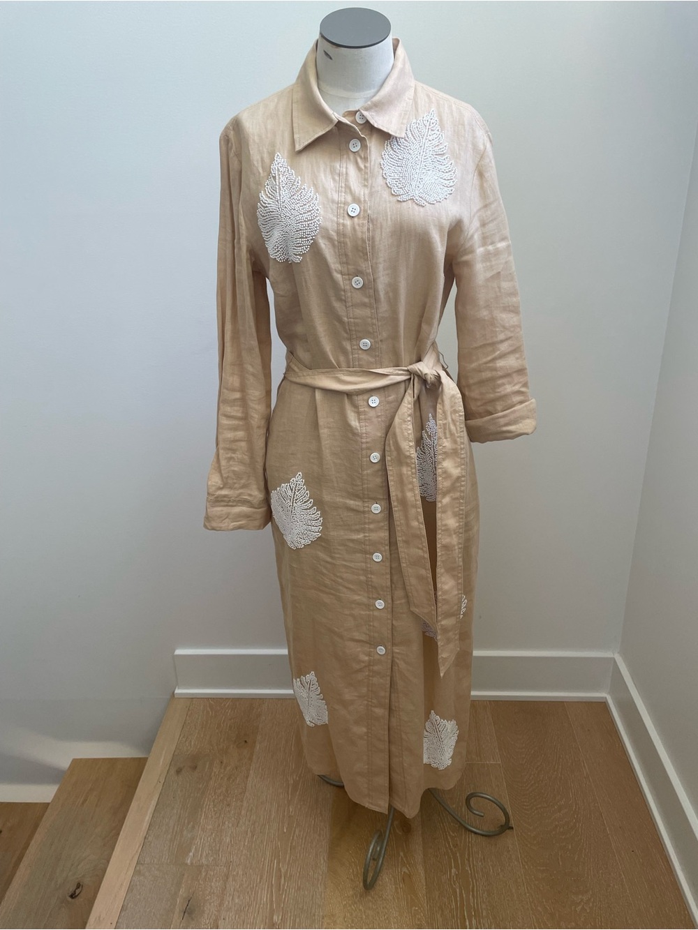 Zara Beige Linen Midi Shirt Dress with White Beaded Accents